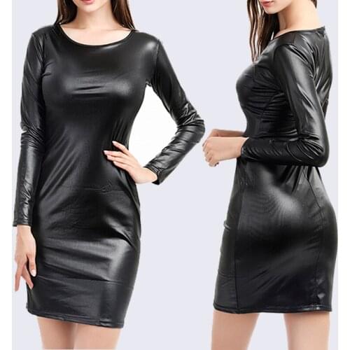 Ladies Sexy Nightclub Dress Faux Leather Long Sleeve O-Neck Knee Bag Hip Tight Pencil Dresses Feminino Vestido
