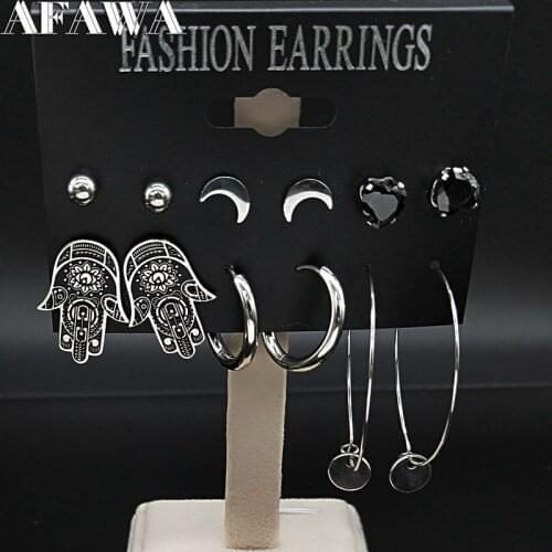 6 Pair 2021 Hamsa Hand Stainless Steel Stud Earrings Set for Women Black Color Earrings Set Jewelry pendientes negros E612813S03