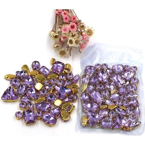 Clothing accessories mixed shape Crystal purple glass crystal sewing rhinestones with gold base for dress/garment/shoes