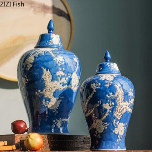 Chinese Style Blue Plum Blossom General Jar Flower Arrangement Dried Flower Vase Living Room Porch Decoration Large Storage Jar