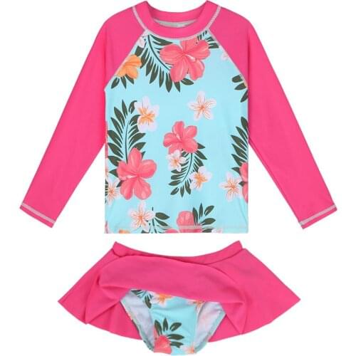 BAOHULU Cyan Floral Girls Swimwear Long Sleeve Kids Rash guards Set with Swim Skirt Childrens Swimwear Beach Bathing Suit Girl