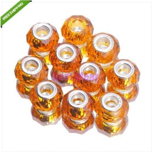 Free Shipping 50pcs Orange Cut &Faceted Glass Beads Big Hole Fit European Charms Bracelet 14x8mm