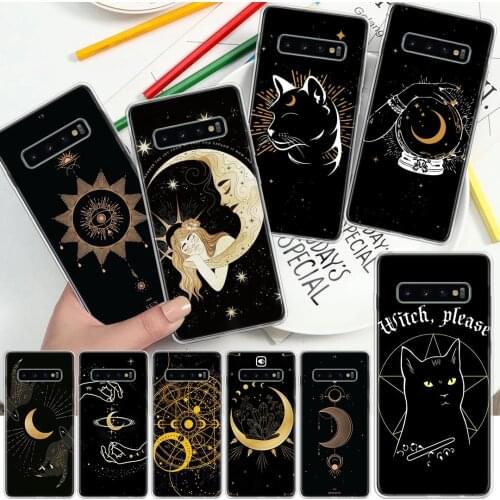 Golden Moon Art Cat Black Soft Cover Phone Case For Samsung Galaxy S10 S21 S20 FE S9 S8 S7 Note 10 9 8 Plus Ultra Lite J4 J6 + C