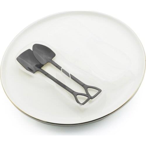 Black Creative Teaspoon Dessert Spoon Cutlery Set Stainless Steel Shovel Spoon Ice Cream Party Stirring Spoon Tool with Gift Box