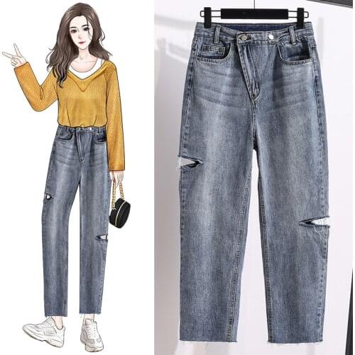 And pierced jeans womens 2021 spring dress new style high waist loose straight tube oblique buckle retro daddy pants