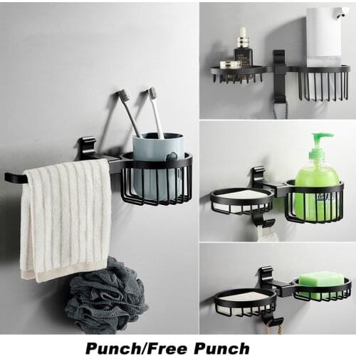 Punch-free Creative Bathroom Soap Box Double Drain Rack Shelf Space Aluminum Towel Bar