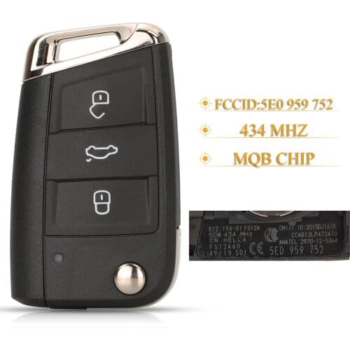 Kutery 4 Buttons Smart Remote Car Key Fob 434MHZ MQB CHIP FCCID: 5E0 959 752 For Skoda Octavia 2014-2017