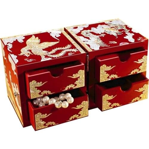 Auspicious Dragon&Phoenix Luotian Lacquerware Wedding Gift Jewelry Box Chinese Wooden Earrings Bracelet Jewelry Storage Box