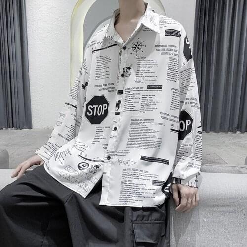 Mens Newspaper Print Letters Long Sleeve Casual Shirt Loose Fashion Top K15