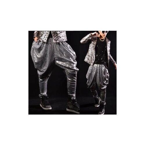 Stage personality men pants silver sequins harem pant men feet trousers singer dance rock fashion street star style novelty