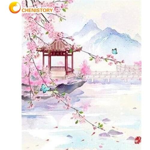 CHENISTORY Painting By Numbers Peach Blossom Pavilion Flower Oil Paint Kits Handmade 60x75cm Frame On Canvas Home Decor Crafts