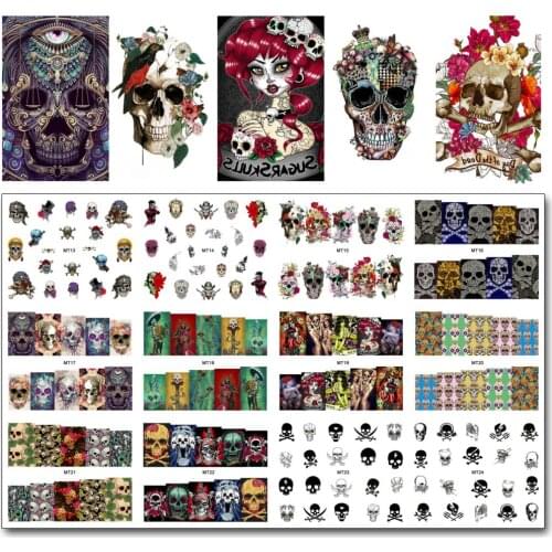 New 12 Sheets/Lot Nail MT13-24 Mix Skull Fashion Nail Art Water Transfer Decal Sticker For Nail Art Tattoo (12 DESIGNS IN 1)