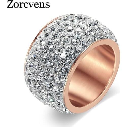 ZORCVENS New Fashion Rose Gold-Color Fashion Rhinestone Rings for Women Gold-Color Zircon Jewelry Stainless Steel Ring Jewellery