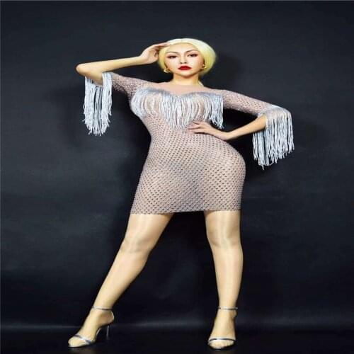 H33 Celebration Performance Tube Top Mesh Rhinestone Dress Sparkling Crystal Stripes Charming Sexy Siamese Skirt Diamond Tassels