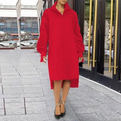 Spring Women Long Sleeve Shirt Dress Fashion Lapel Lantern Sleeve Asymmetrical Midi Dress woman Loose Big Size Party Dresses 4XL