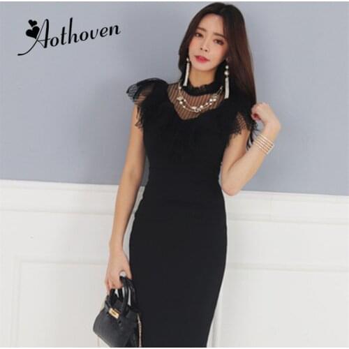 Summer Black Mesh Patchwork Dresses Stand Collar Short Sleeve Women Dress Office Lady Sexy Party Vintage Bandage Bodycon Dress