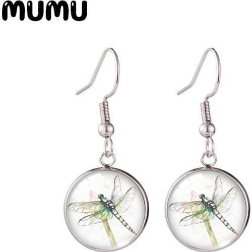 2020 New Flower Dragonfly Fish Hook Earring Photo Painting Round Jewelry Glass Cabochon Earrings Gifts Girl