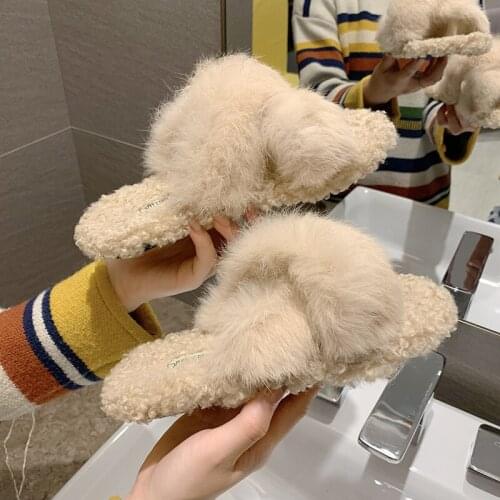 Rabbit Fur Slippers 2020 New Spring Flat Sole Warm Plush women shoes woman Lamb Fur Slippers Female Ladies Shoes Plus Size Slide
