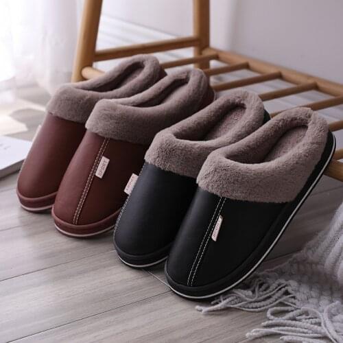 PU Waterproof Slippers Women Men Winter Plush Keep Warm Flat Home Shoes Woman Soft Comfort Female Shoes fashion