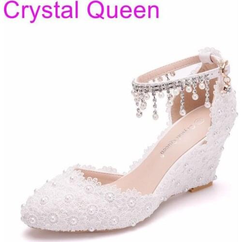 Women sandals wedding Party banquet Lace PU Rhinestones Buckle Strap 7.5CM Wedges High Heels Pointed Toe women shoes size 35-42