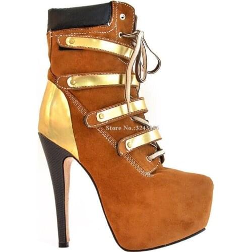 Women Fashion Patchwork Metal Strap Lace-up Ankle Boots Roma Style Stiletto Heel Platform Short Boots Lady Popular Street Style