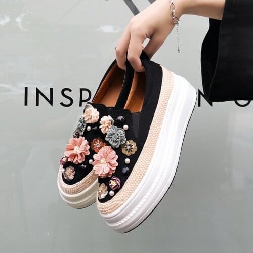 Womens Real Leather Flowers Beads Rhinestones Decor Loafer Platform High Heel Muffin Shoes Casual New 2Colors W01