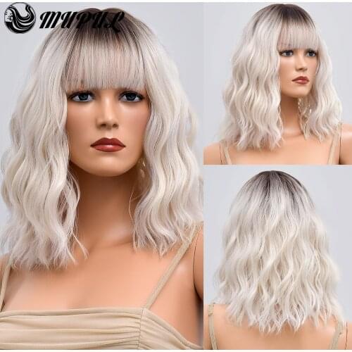 Womens White Short Wave Ombre Natural Hair Synthetic Wigs With Bangs For Women Daily Fibre Heat Resistant Cosplay Wavy Wig