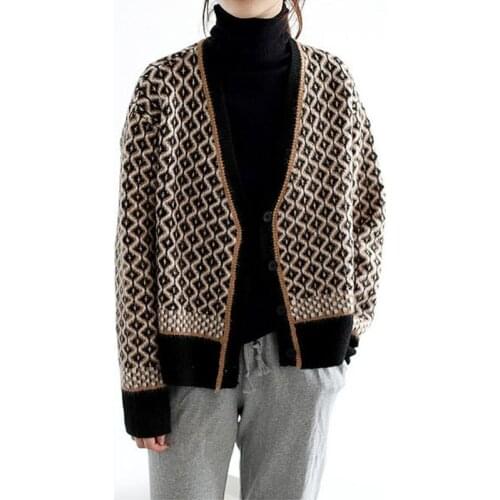 Autumn Winter Women Cardigan Elegant Plaid Pattern Knitted Sweater Fashion Long Sleeve Loose Cardigans Outerwear Chaqueta