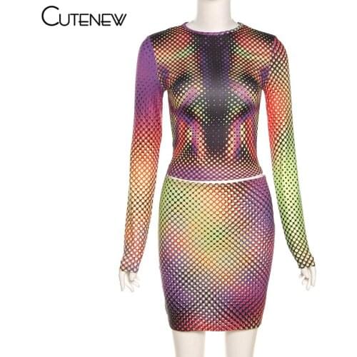Cutenew Pattern Print Two Piece Set Women Outfit Long Sleeve Slim Tee+Skinny Stretch Mini Skirt Matching Hipster Lady Streetwear
