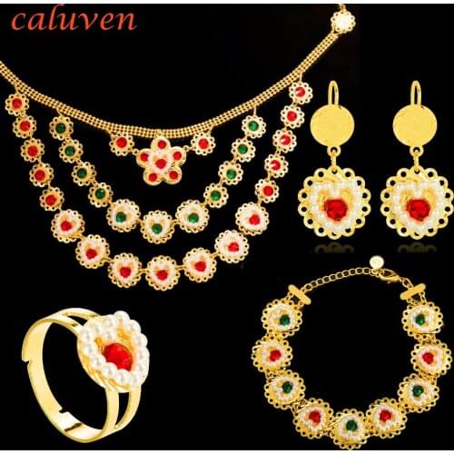 Heart Pearl Muslims Islamic Coin Jewelry Sets African Gold Colorful Stone Coin Middle East Women wedding Necklace Sets CE110