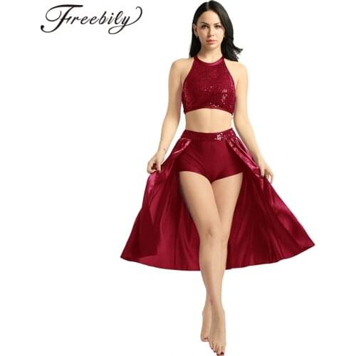 Women Ballet Dress Sequin Halter Crop Top + skirt with built-in leotard shorts Set Stage Performance Lyrical Dance Costumes