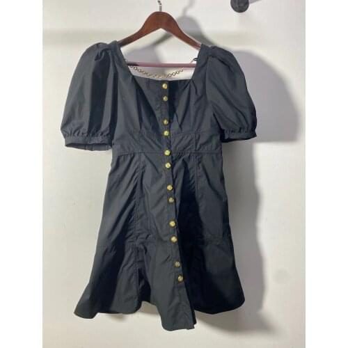 2021 Summer for Women Mini Dress Puff Sleeve Square Collar Dress Back with Chain Female Black Short Robe with Buttons