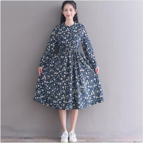 Spring autumn women long corduroy dress new fashion navy blue floral print dress vestido mujer manga larga