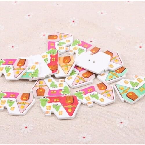 10PCs Wholesale 2 Holes Christmas house Wooden Buttons Sewing Scrapbooking Handmade christmas trees Buttons mixed 25x34mm MT1622