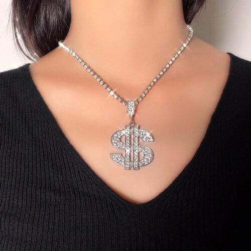 2021 Fashion Crystal Rhinestone Tennis Chain Necklaces Gold Silver Color Dollar Sign Necklace Luxury Punk Jewelry for Women Best