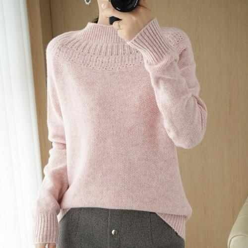 FRSEUCAG 21 New autumn and winter half high neck cashmere sweater womens long-sleeved knitted pullover 100% wool sweater short