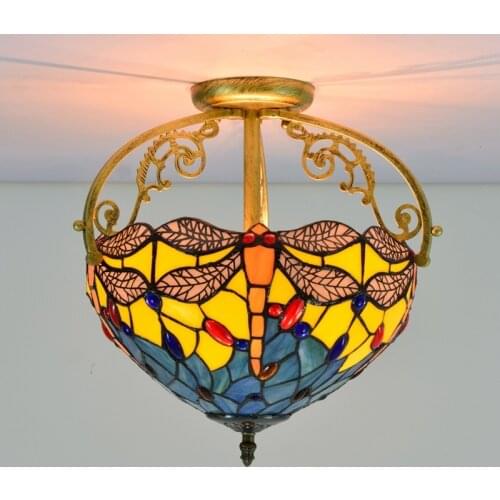 30cm European-Style Retro Yellow Base Dragonfly Multi-Color Glass Restaurant Bedroom Aisle Corridor Bathroom Glass Semi