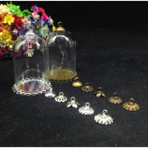 5sets/lot 38*25mm transparent tube glass globe with double lace tray 8mm cap glass vial pendant fashion necklace jewelry jars