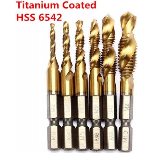 6pcs/lot M3-M10 Combination Drill Tap Bit Set HSS 6542 Titanium Coated Deburr Countersink Bits