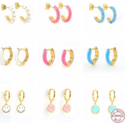 Aide Enamel Hoop Earrings for Women Neon Round Heart Pin Smiley Jewelry Earrings 925 Sterling Silver Colorful Huggie Earrings