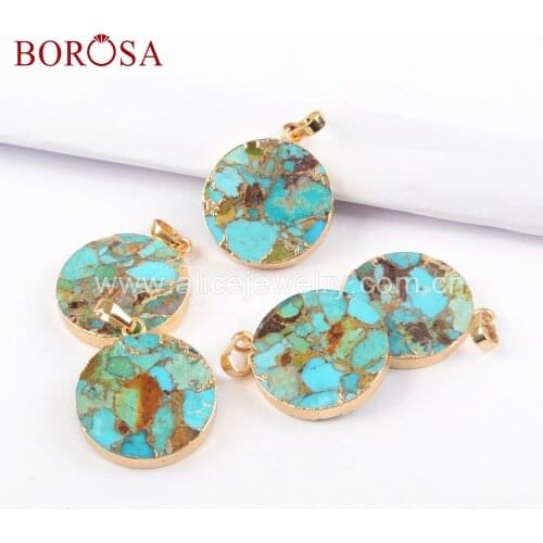 BOROSA 5PCS New Arrival Gold Color Copper Turquoises Round shape Natural Blue Stone Pendant Beads Jewelry for Necklace G1686