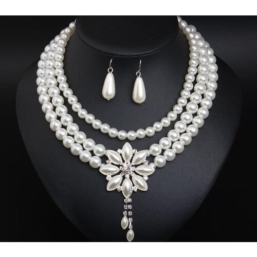 Elegant Wedding Engagement Party Jewelry Sets Imitation Pearls Flower Whater Drop Pendants Necklace Drop Earrings Sets for Women