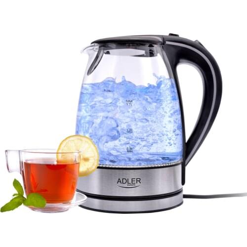 Adler AD1225 electric water kettle, 1,7 L, glass jar, BPA free, hidden resistance, wireless 2200W transparent