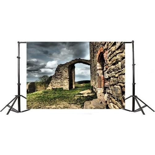 Photography Backdrop Nature Ruined House Stone Brick Wall Vintage Arch Door Grass Field Trees Blue Sky Dark and White Cloud Ric