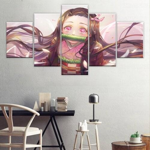 Art Wall Home Living Room Decor Painting 5 Panels HD Pictures Anime Girl Picture Kamado Nezuko Vampire killer Poster Animation