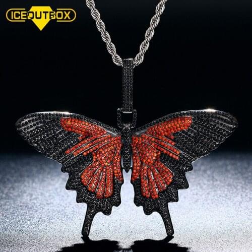 ICEOUTBOX Full Iced Out Butterfly Pendant Necklace Black Crystal Wings Cuban Chain Gold Silver Color Hip Hop Charm Chain Jewelry