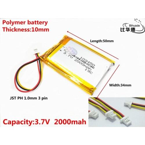 JST PH 1.0mm 3 pin Good Qulity 3.7V,2000mAH 103450 Polymer lithium ion / Li-ion battery for tablet pc BANK,GPS,mp3,mp4