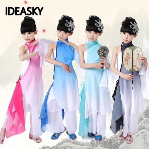 Green pink traditional chinese folk dance costume kids woman children sleeve fan ancient women hanfu national clothing girls kid
