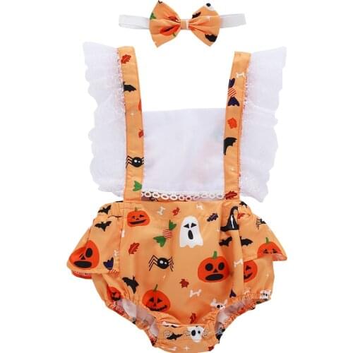 Lioraitiin 0-24M Baby Suspender Bodysuits Headband Summer Pumpkin Printed Square Neck Short Ruffle Sleeve Halloween Clothes