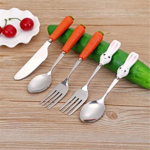 Cartoon Cute Stainless Steel Food Tablewares Infant Food Feeding Tableware Baby Spoon Knife Fork Dinnerware